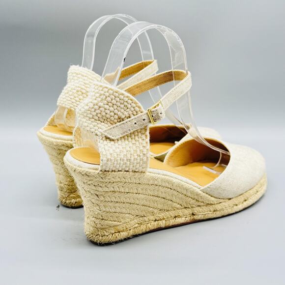 J Crew Sandals Womens 9.5 Beige Canvas Espadrille Wedge Closed Toe Ankle Strap - Picture 8 of 12